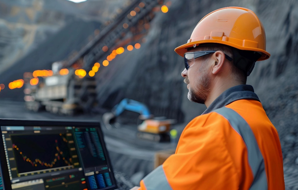 Engineer reviewing AI driven digital twin and energy optimisation dashboards used to improve efficiency and reduce energy consumption in mining operations.